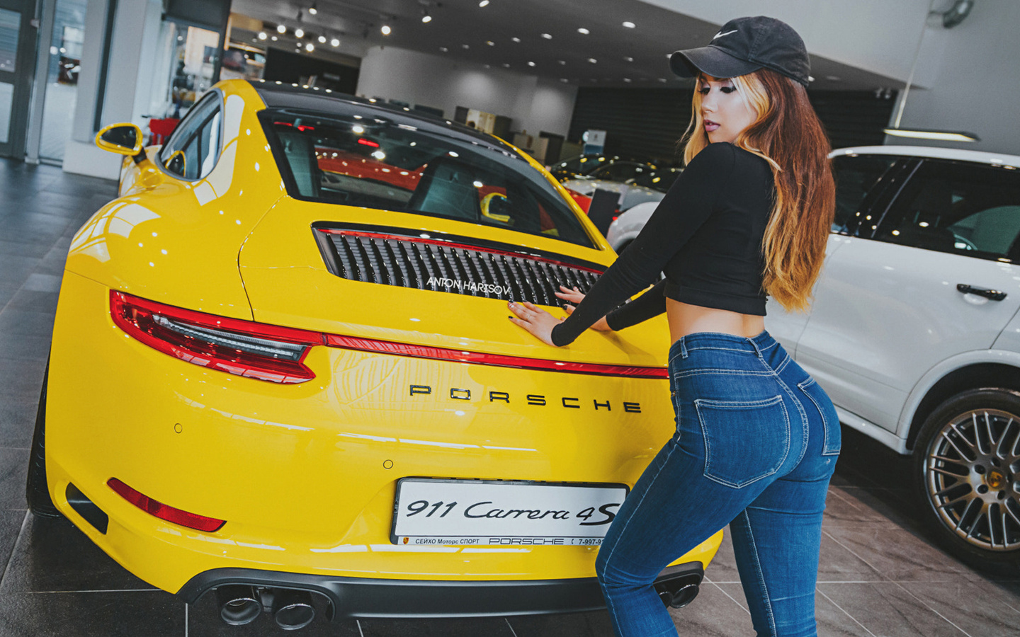 women, anton harisov, porsche, jeans, baseball caps, car, fotoshi toshi, redhead, , maria vasilieva