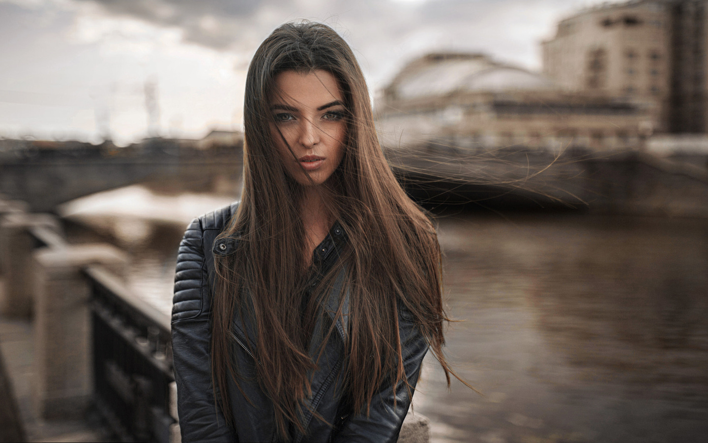 women, portrait, depth of field, long hair, women outdoors, leather jackets