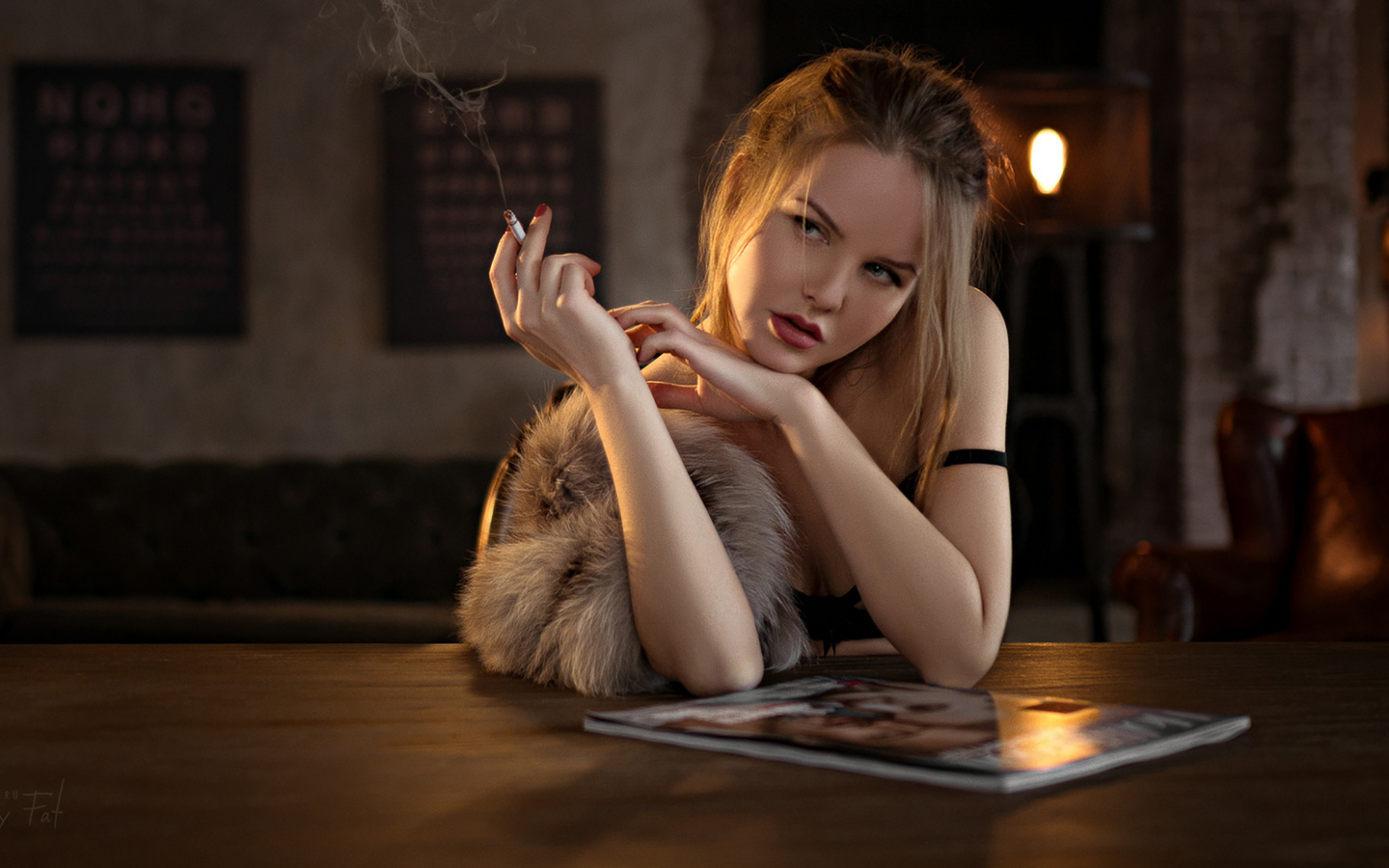 women, kristina yakimova, sergey fat, red lipstick, cigarette, smoke, fur, table, red nails, portrait, looking away