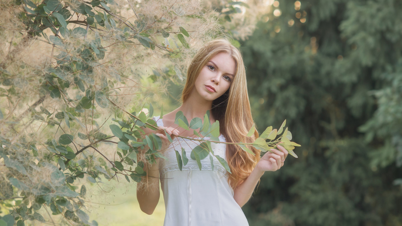 women, blonde, portrait, white dress, depth of field, women outdoors