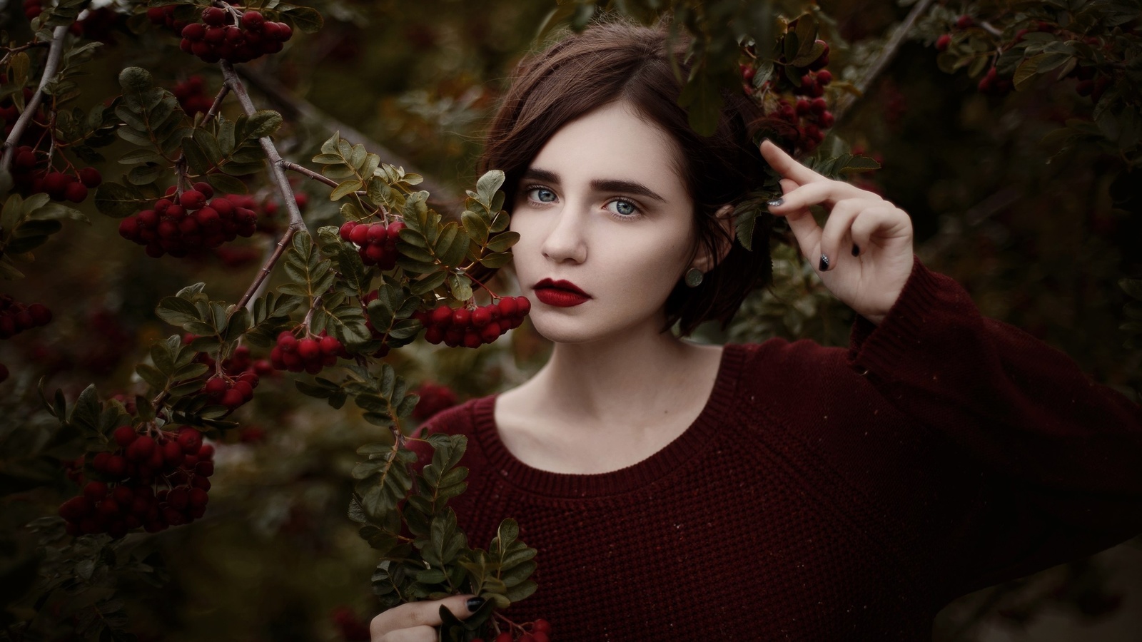 women, face, portrait, depth of field, red lipstick, black nails