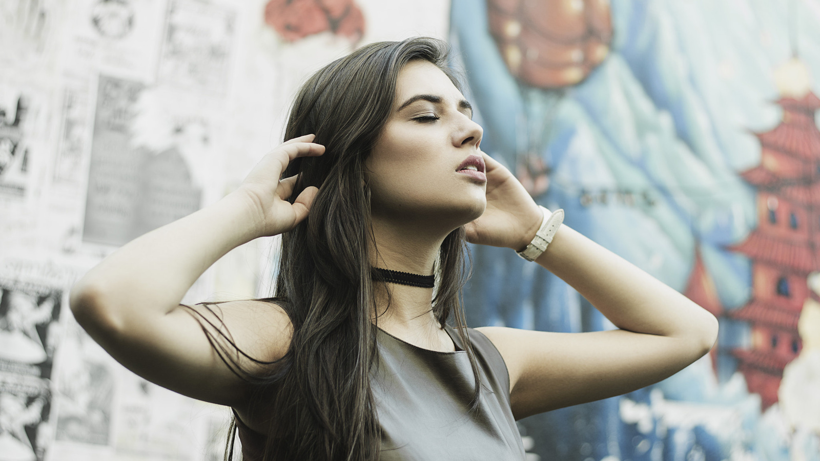 women, face, portrait, choker, closed eyes