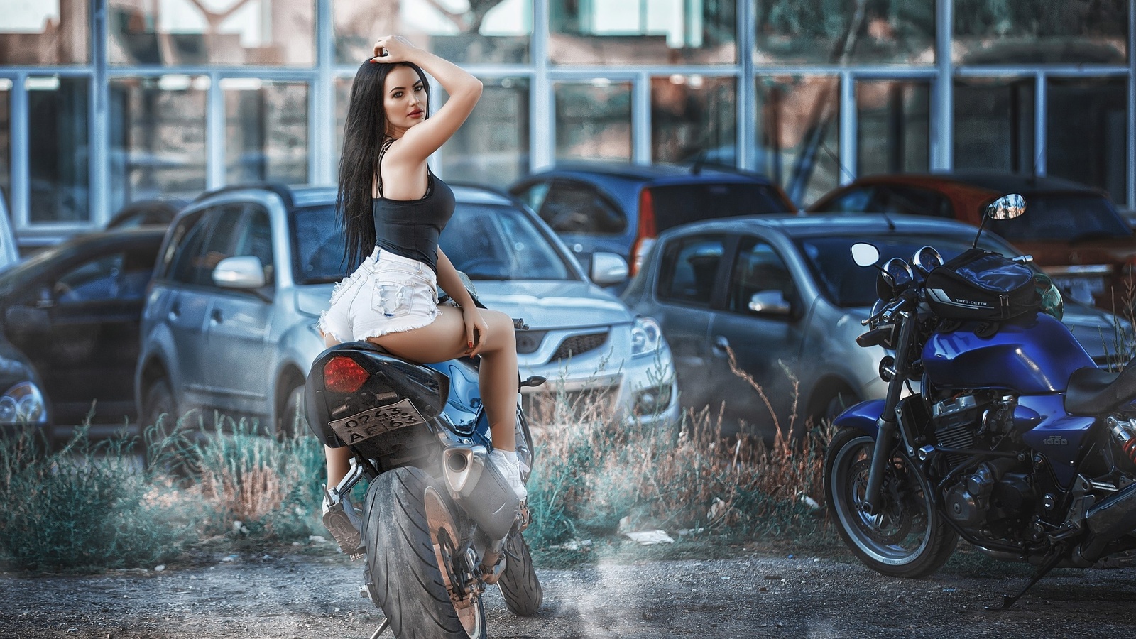 women, sitting, ass, jean shorts, car, motorcycle, red nails, red lipstick, sneakers, tanned, women with motorcycles, long hair