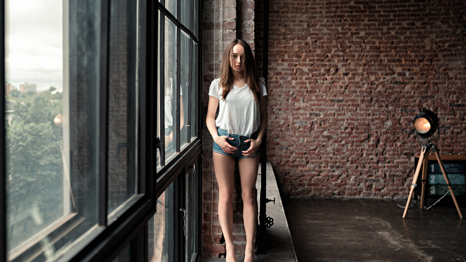 women, t-shirt, jean shorts, window, portrait, reflection