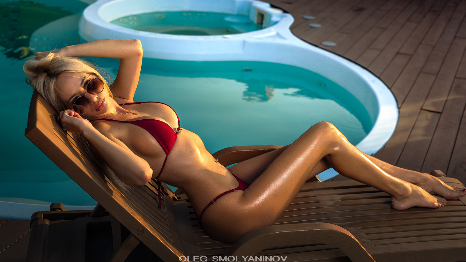 blonde, red bikinis, belly, tanned, swimming pool, sunglasses, women, sideboob, , , , , , , , , , , , , ,  