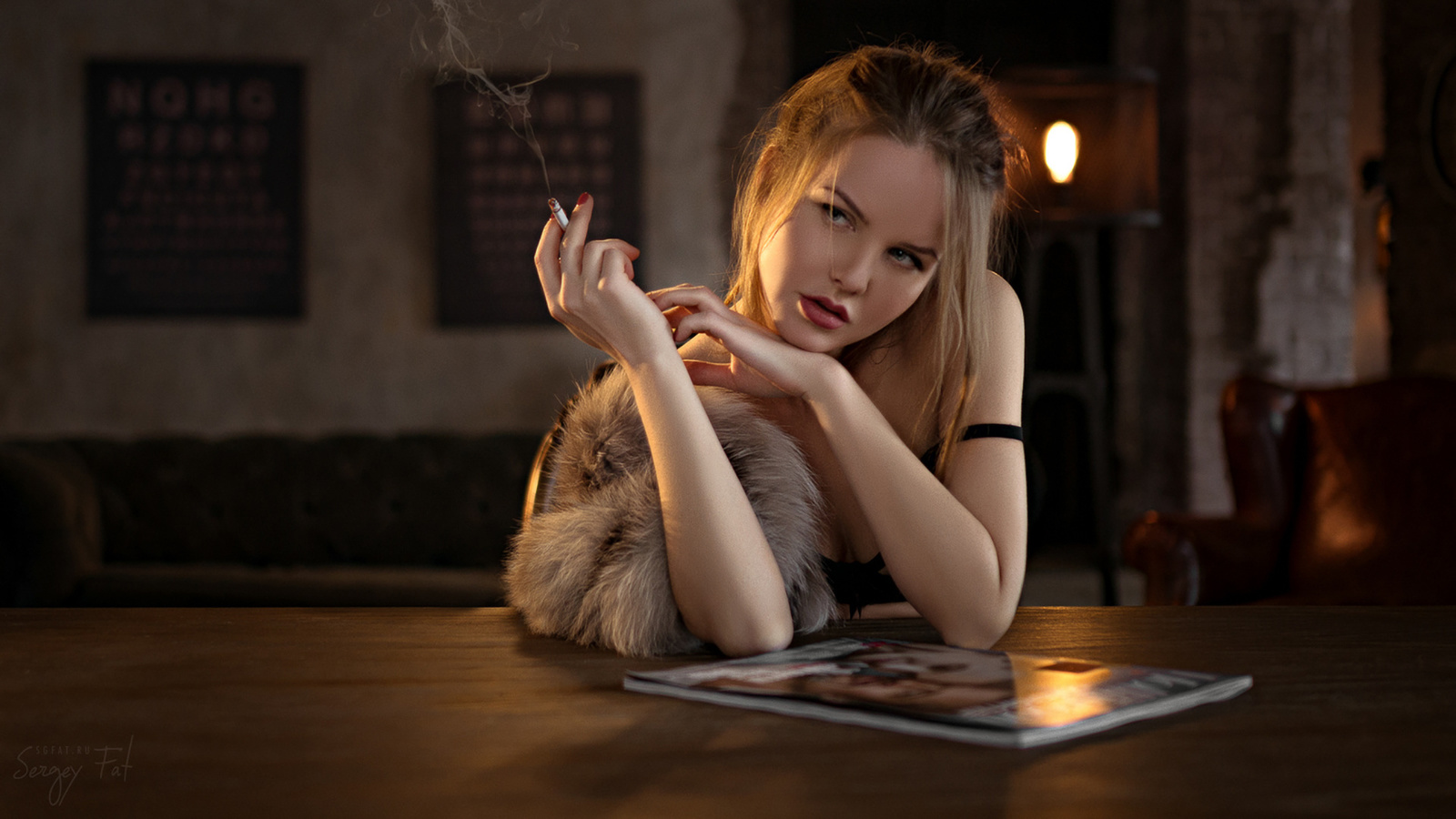 women, kristina yakimova, sergey fat, red lipstick, cigarette, smoke, fur, table, red nails, portrait, looking away