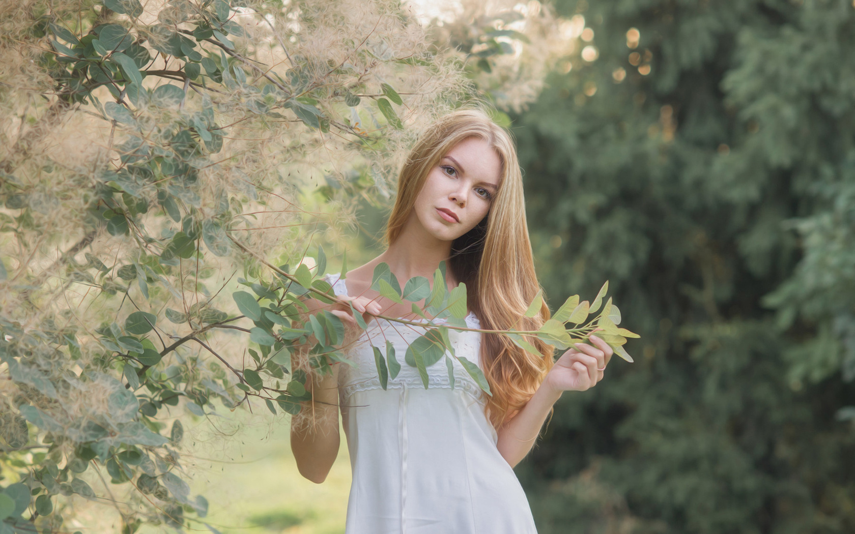 women, blonde, portrait, white dress, depth of field, women outdoors