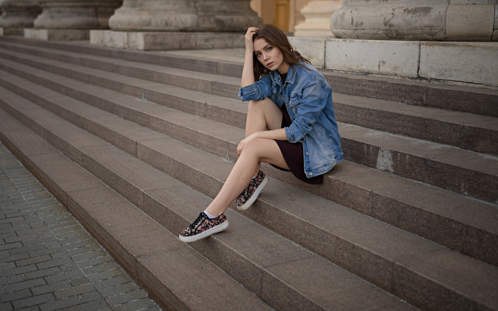 women, sergey fat, women outdoors, sitting, stairs, dress, xenia kokoreva, ksenia kokoreva