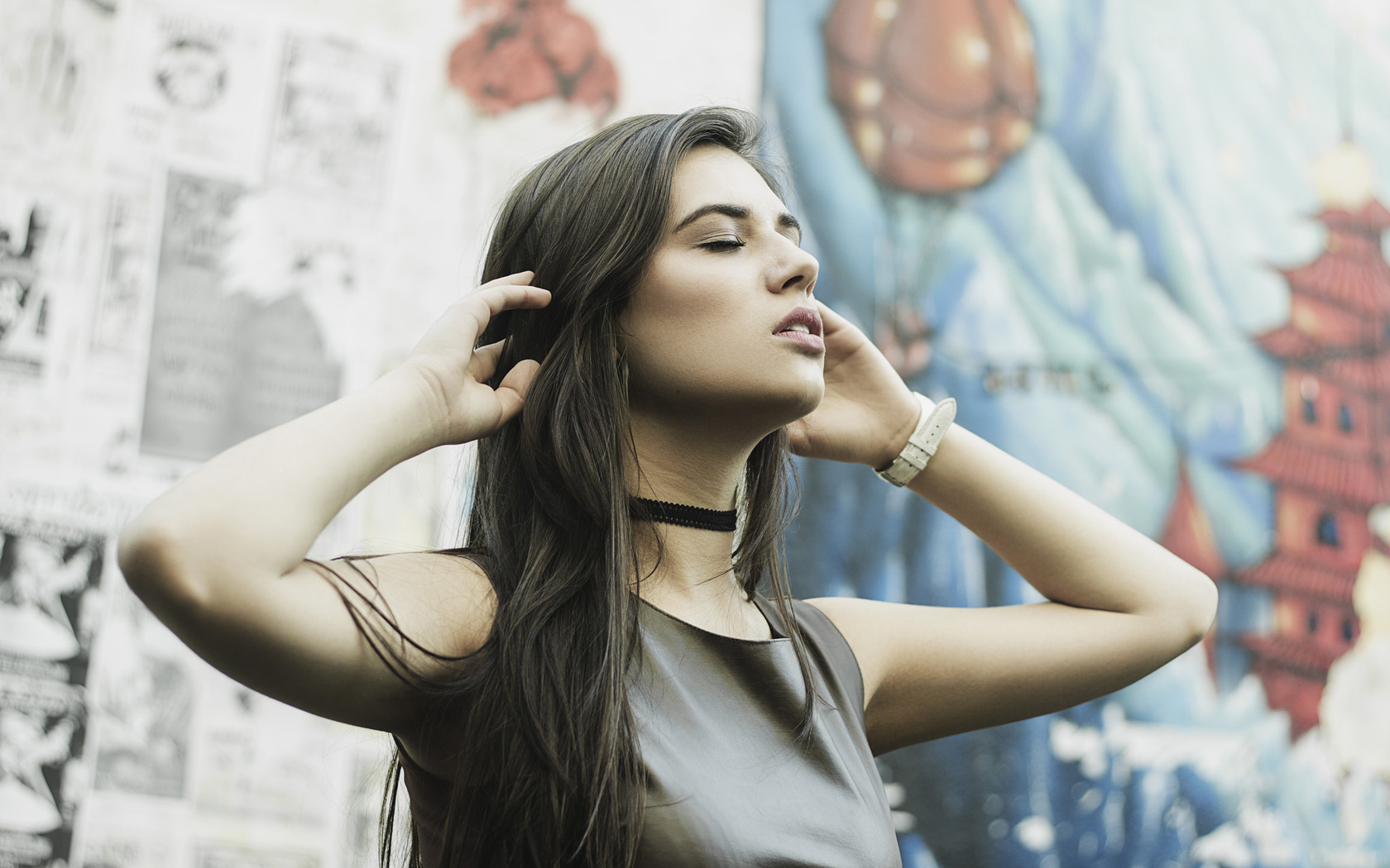 women, face, portrait, choker, closed eyes