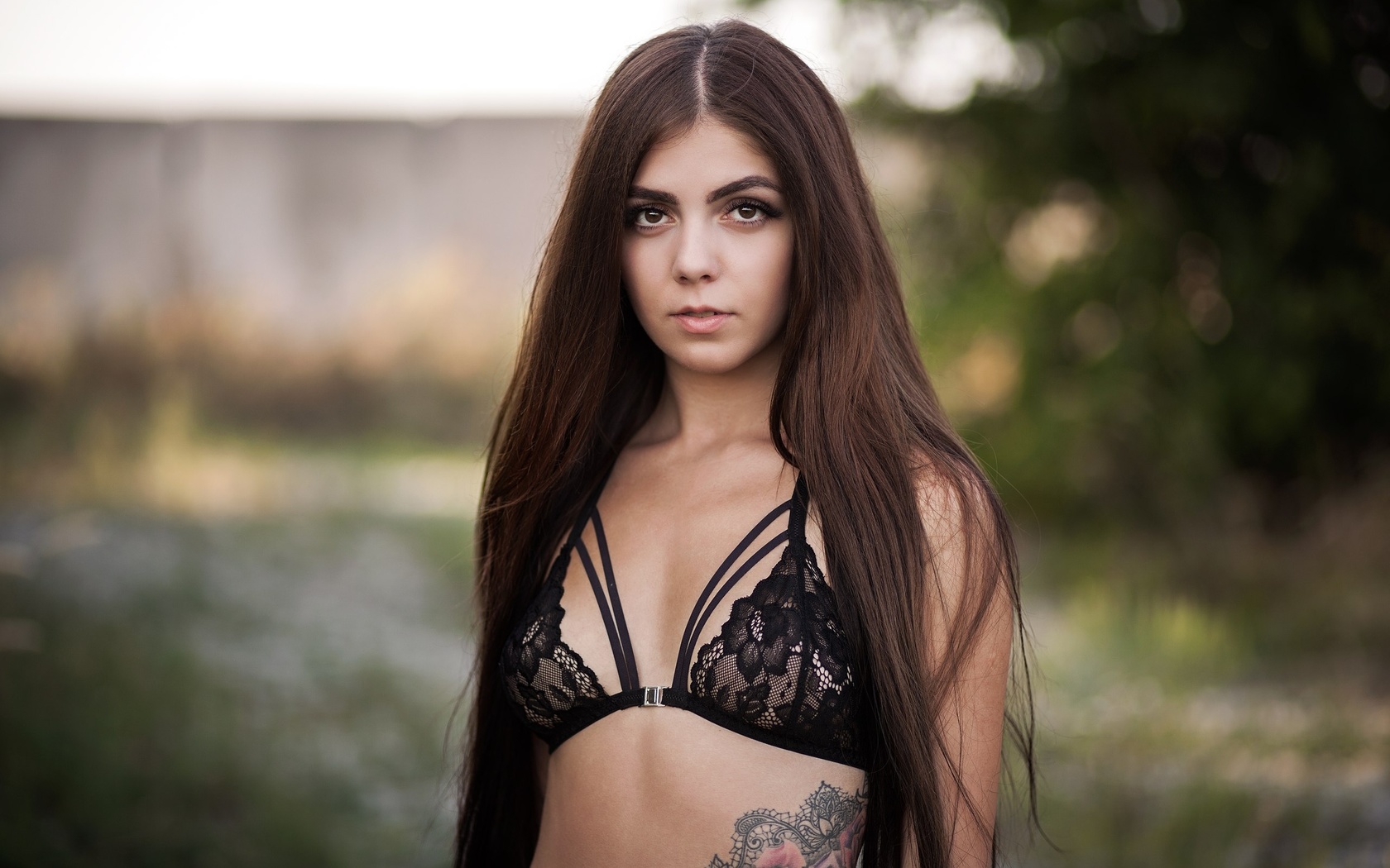 women, portrait, tattoo, long hair, depth of field, black bras, women outdoors