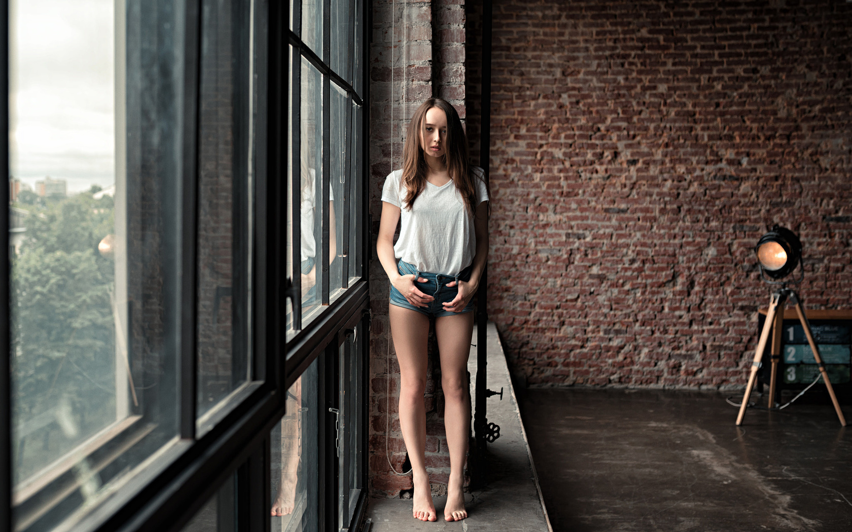 women, t-shirt, jean shorts, window, portrait, reflection