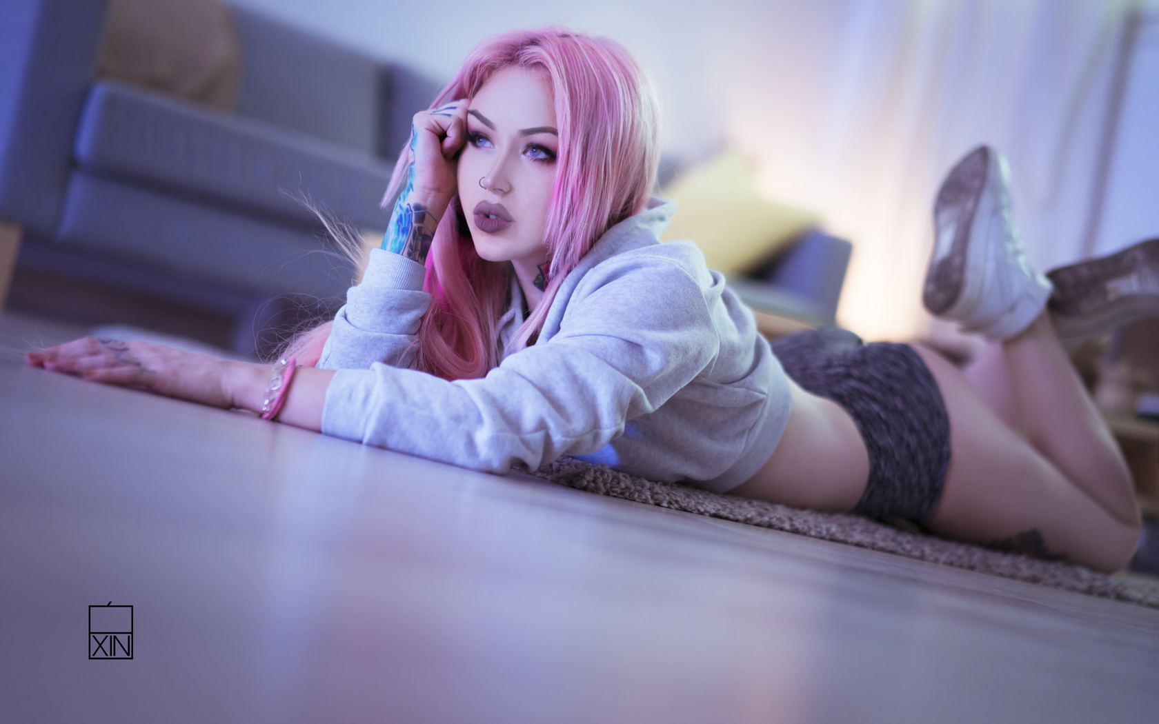 women, pink hair, dyed hair, ass, sneakers, sweater, short shorts, tattoo, nose rings, looking away, couch, depth of field, on the floor