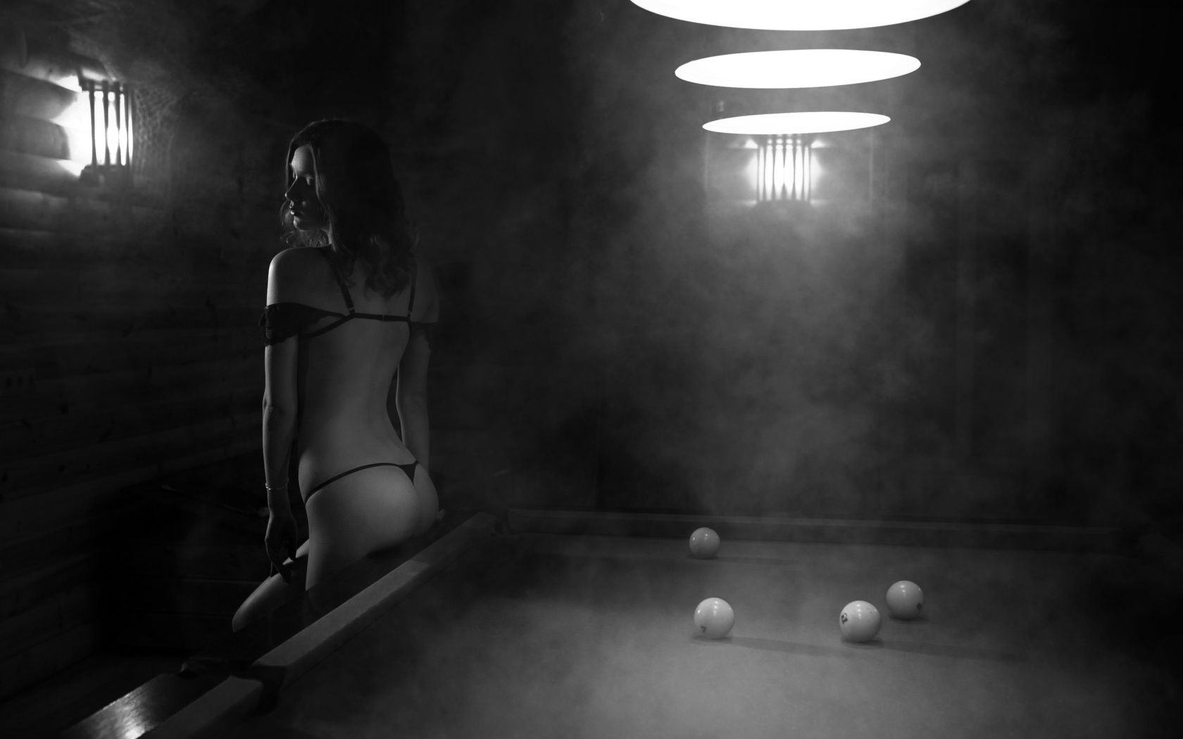 women, monochrome, ass, back, black lingerie, smoke, pool table