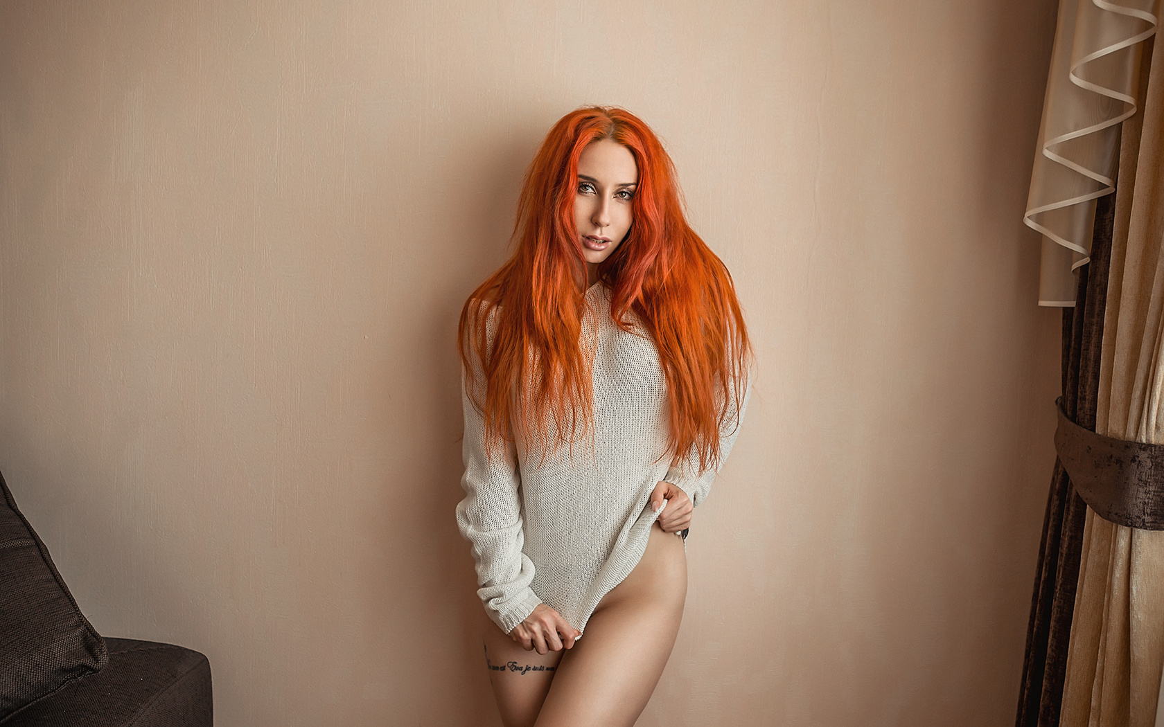 women, redhead, portrait, wall, tattoo, long hair, brunette