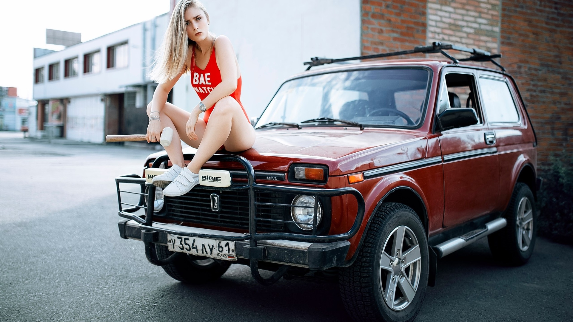 women, blonde, sitting, sneakers, car, one-piece swimsuit, women outdoors, portrait