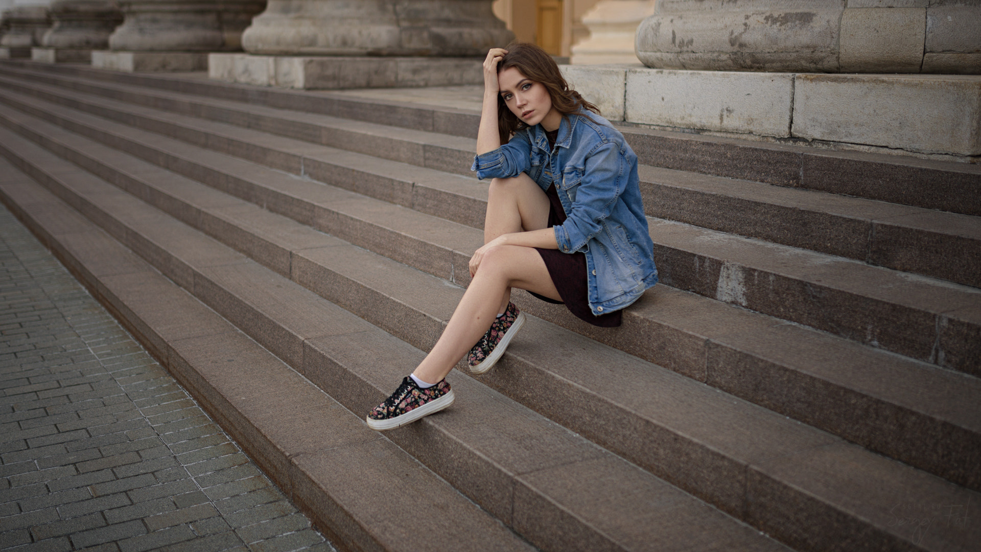 women, sergey fat, women outdoors, sitting, stairs, dress, xenia kokoreva, ksenia kokoreva