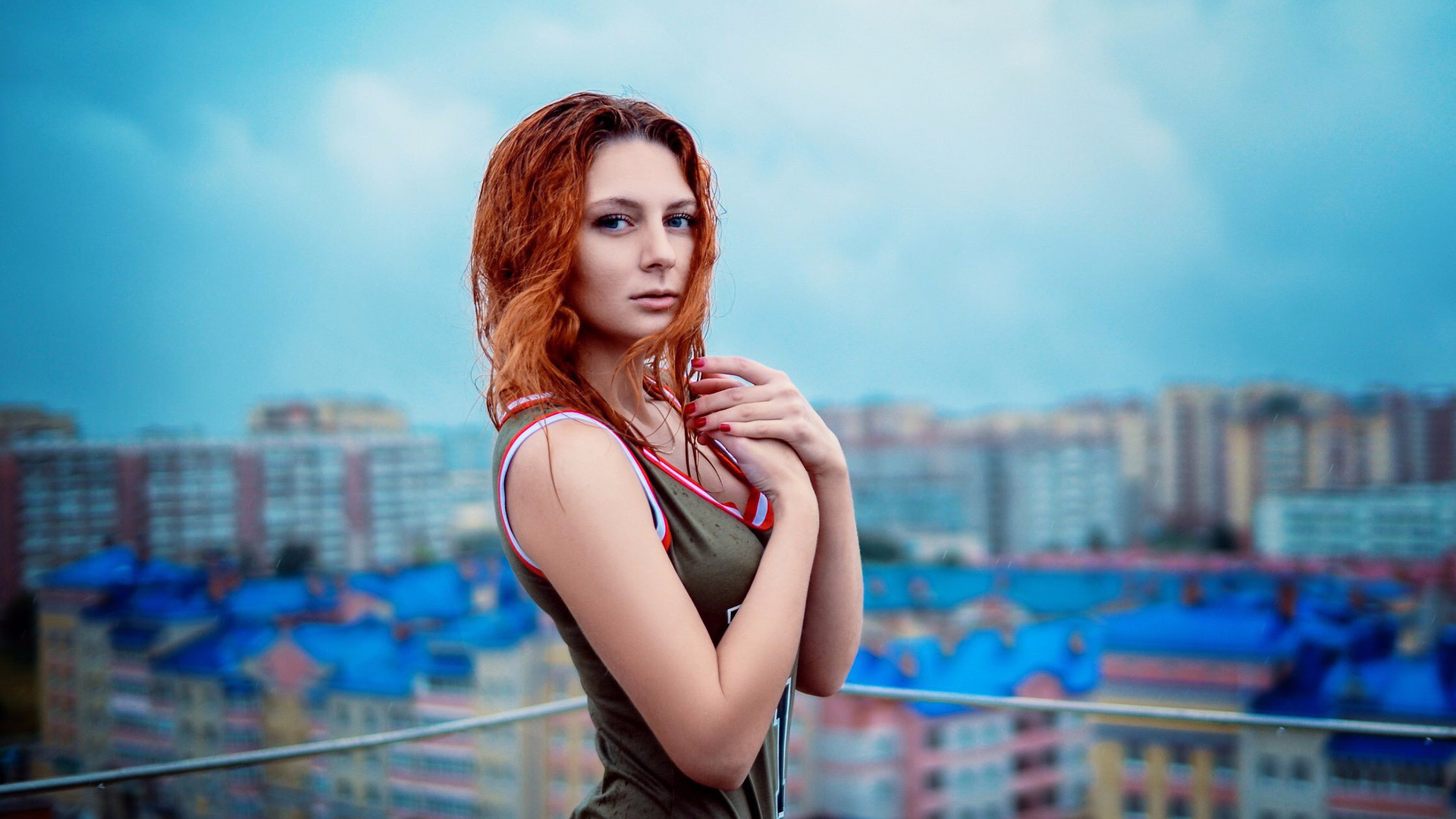 women, redhead, water drops, portrait, depth of field, women outdoors, red nails