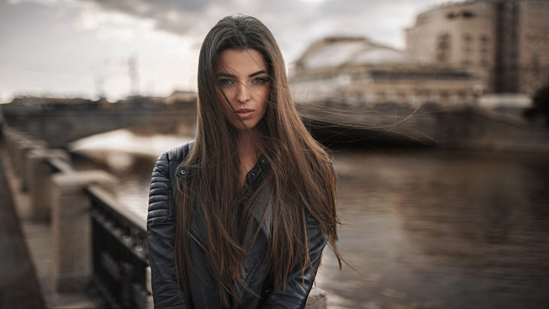 women, portrait, depth of field, long hair, women outdoors, leather jackets