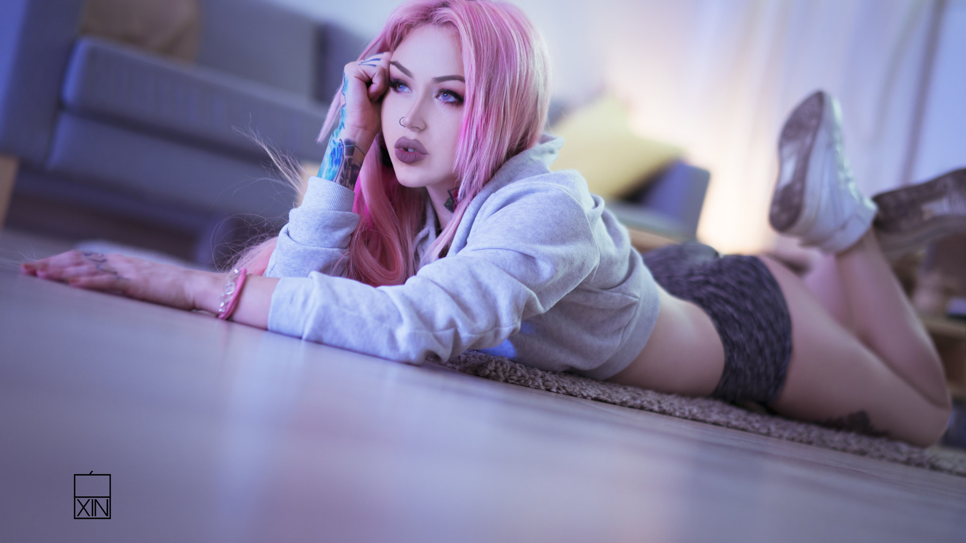 women, pink hair, dyed hair, ass, sneakers, sweater, short shorts, tattoo, nose rings, looking away, couch, depth of field, on the floor