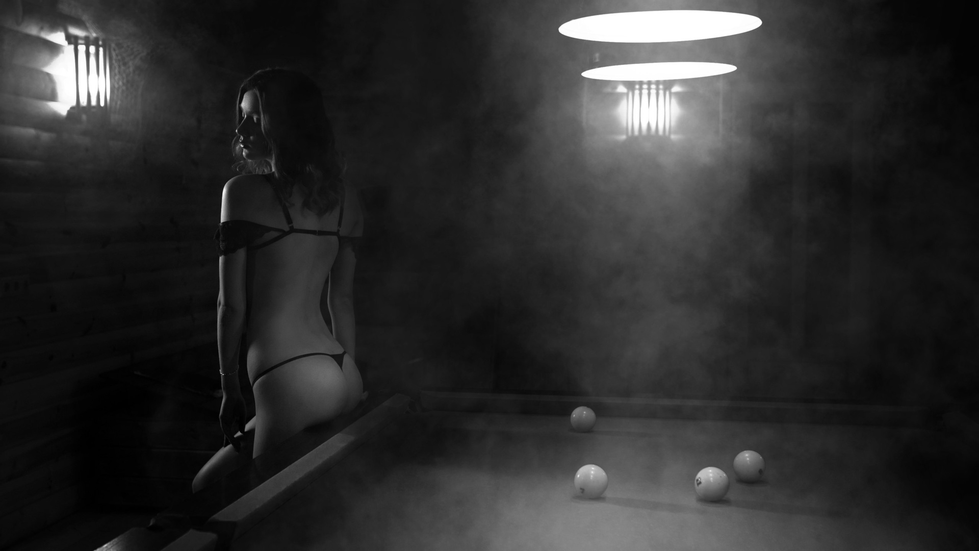 women, monochrome, ass, back, black lingerie, smoke, pool table