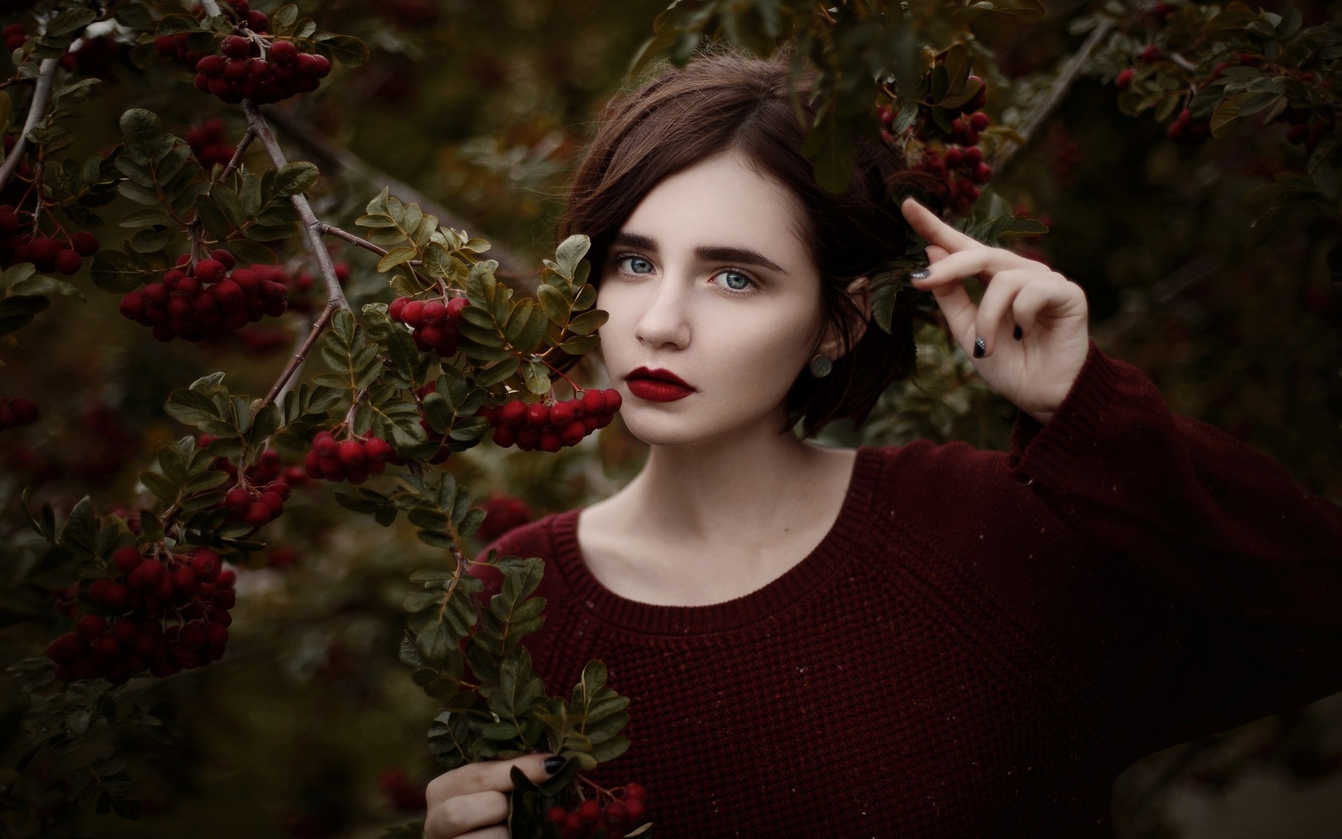 women, face, portrait, depth of field, red lipstick, black nails