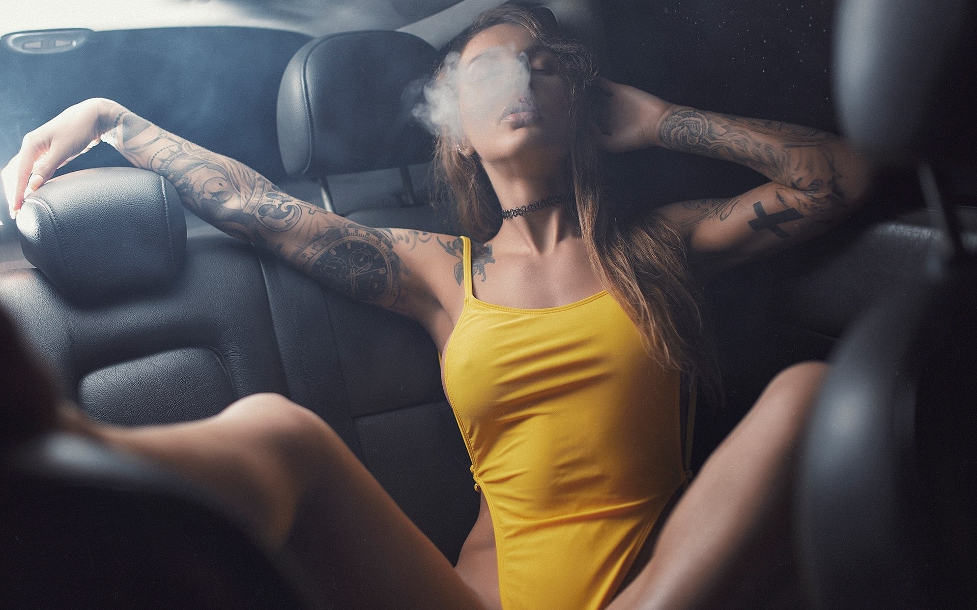 women, sitting, monokinis, tattoo, smoke, women with cars, armpits, closed eyes, choker, tanned, spread legs