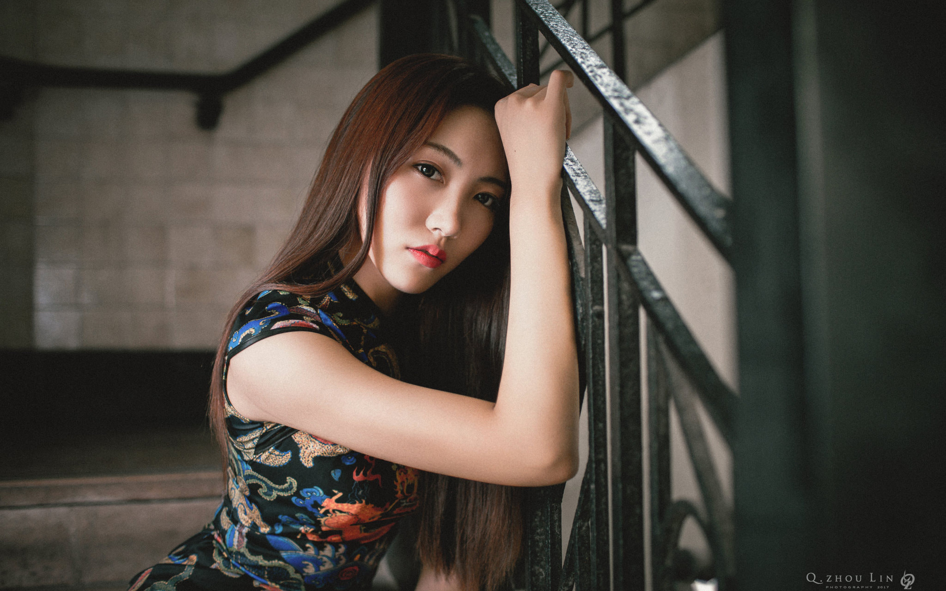 women, asian, portrait, stairs