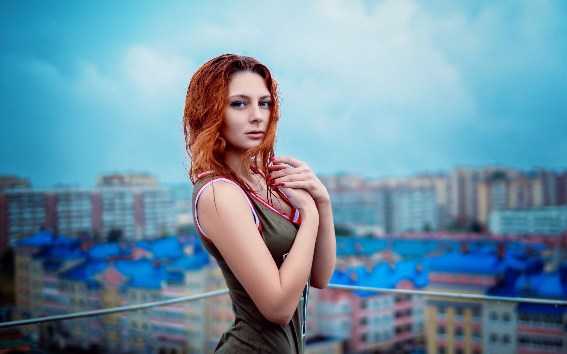 women, redhead, water drops, portrait, depth of field, women outdoors, red nails