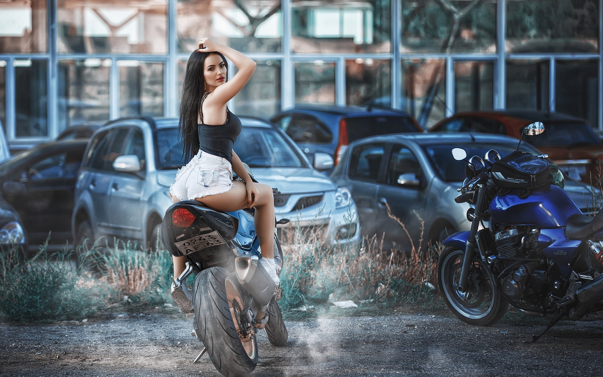 women, sitting, ass, jean shorts, car, motorcycle, red nails, red lipstick, sneakers, tanned, women with motorcycles, long hair