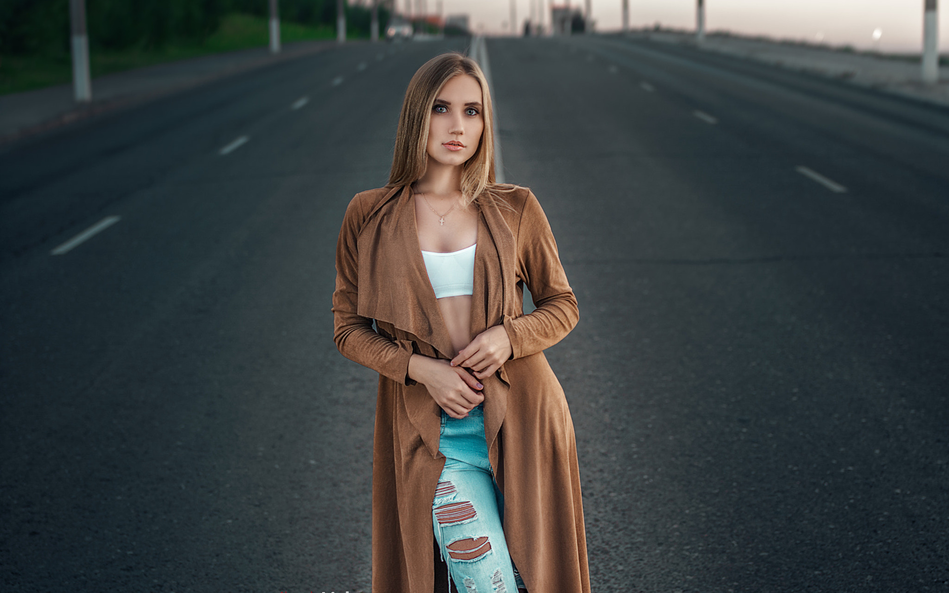 women, blonde, necklace, torn jeans, white tops, street, road, depth of field, portrait, women outdoors