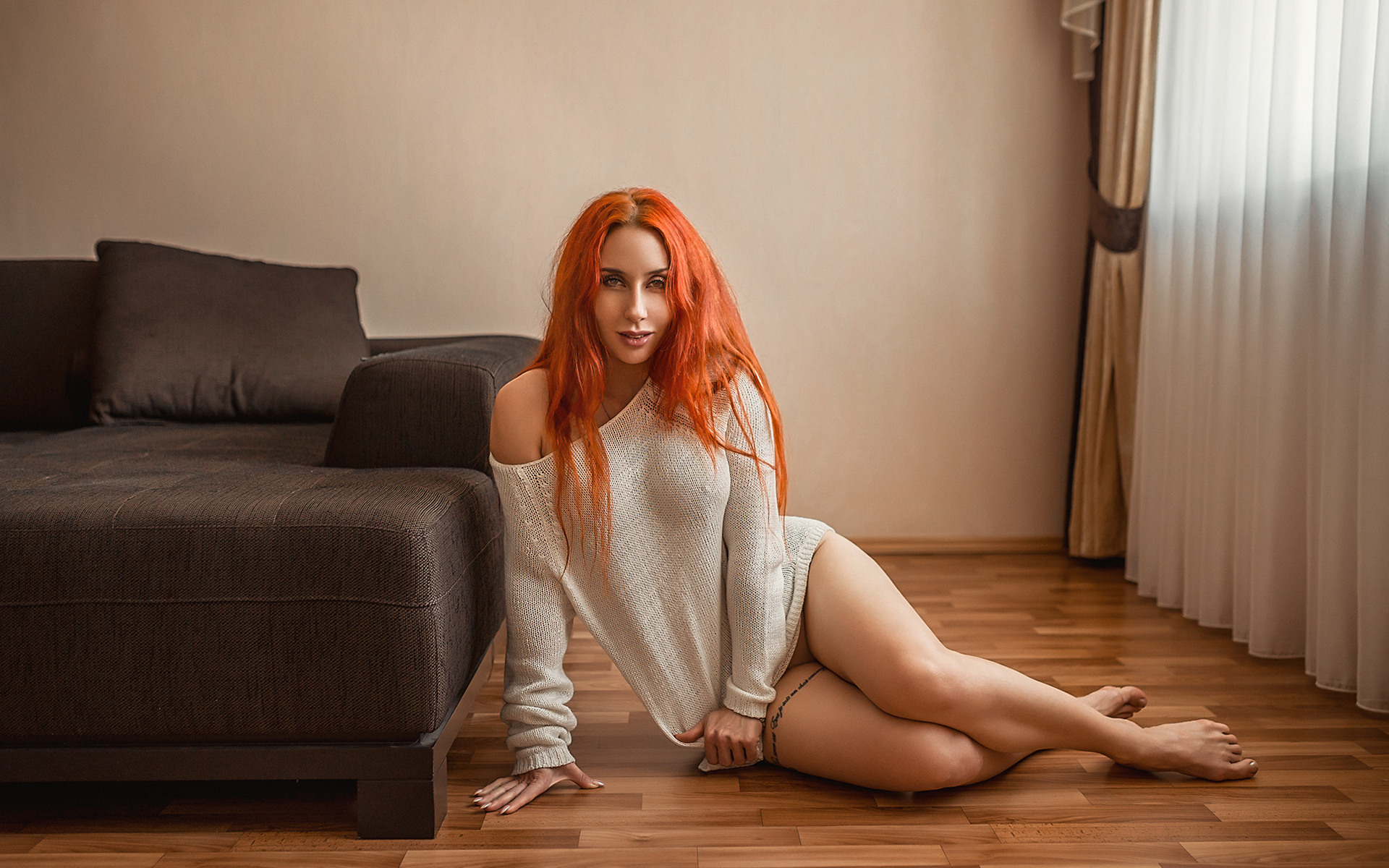 women, redhead, portrait, couch, tattoo, on the floor, sitting, long hair, brunette