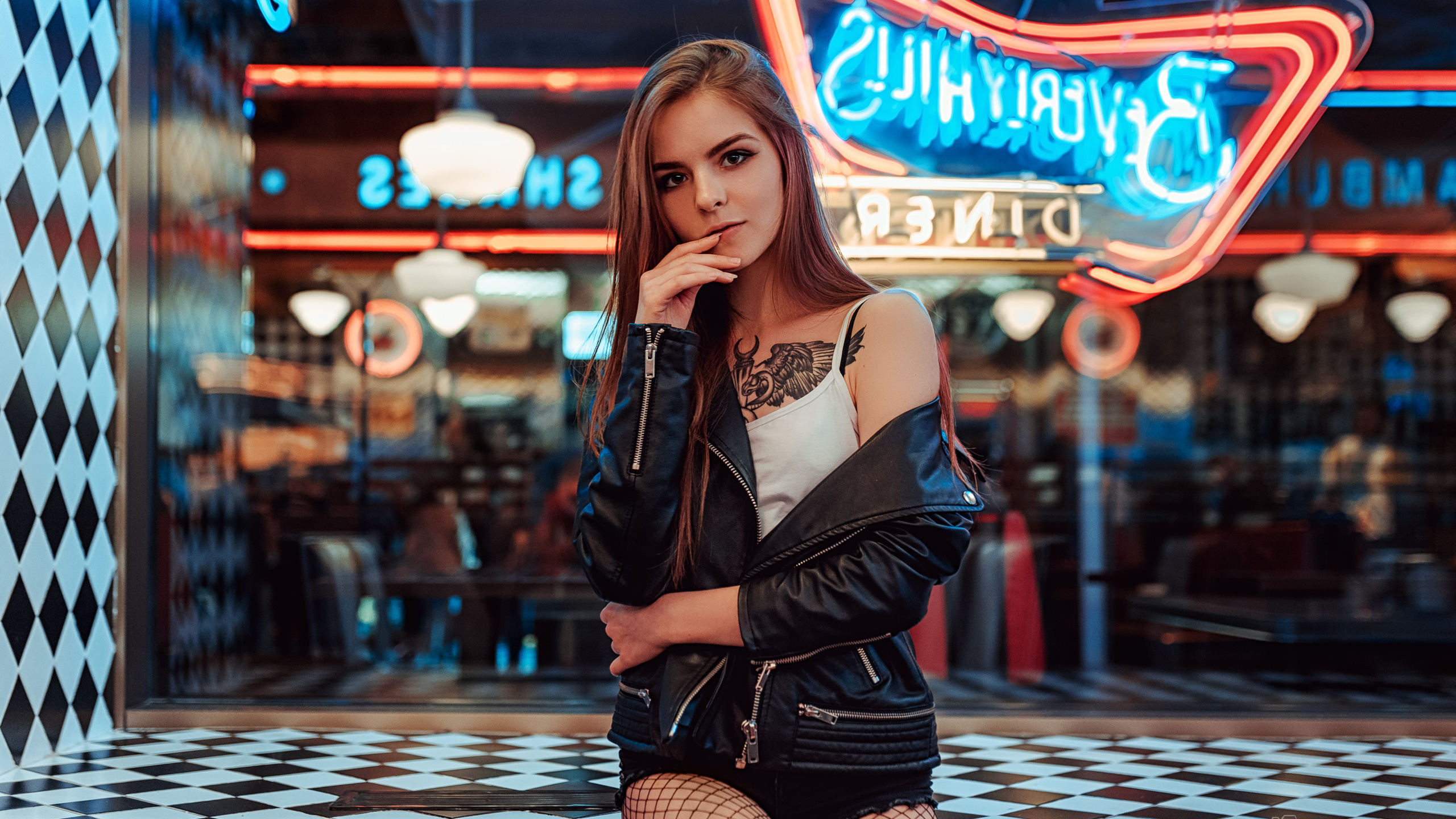 women, portrait, tattoo, fishnet stockings, leather jackets, finger on lips, depth of field, , 