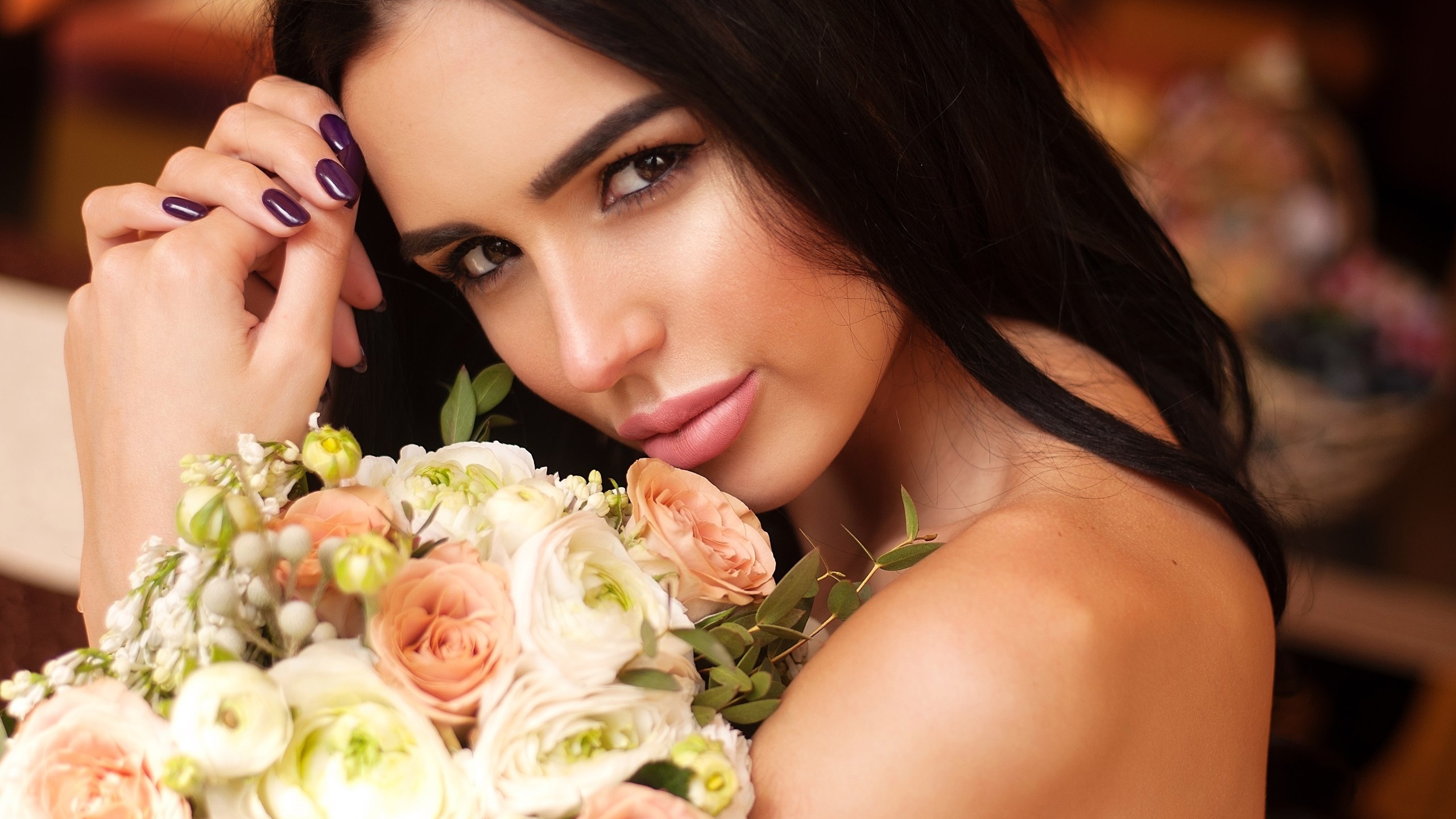 women, face, portrait, flowers, painted nails, depth of field