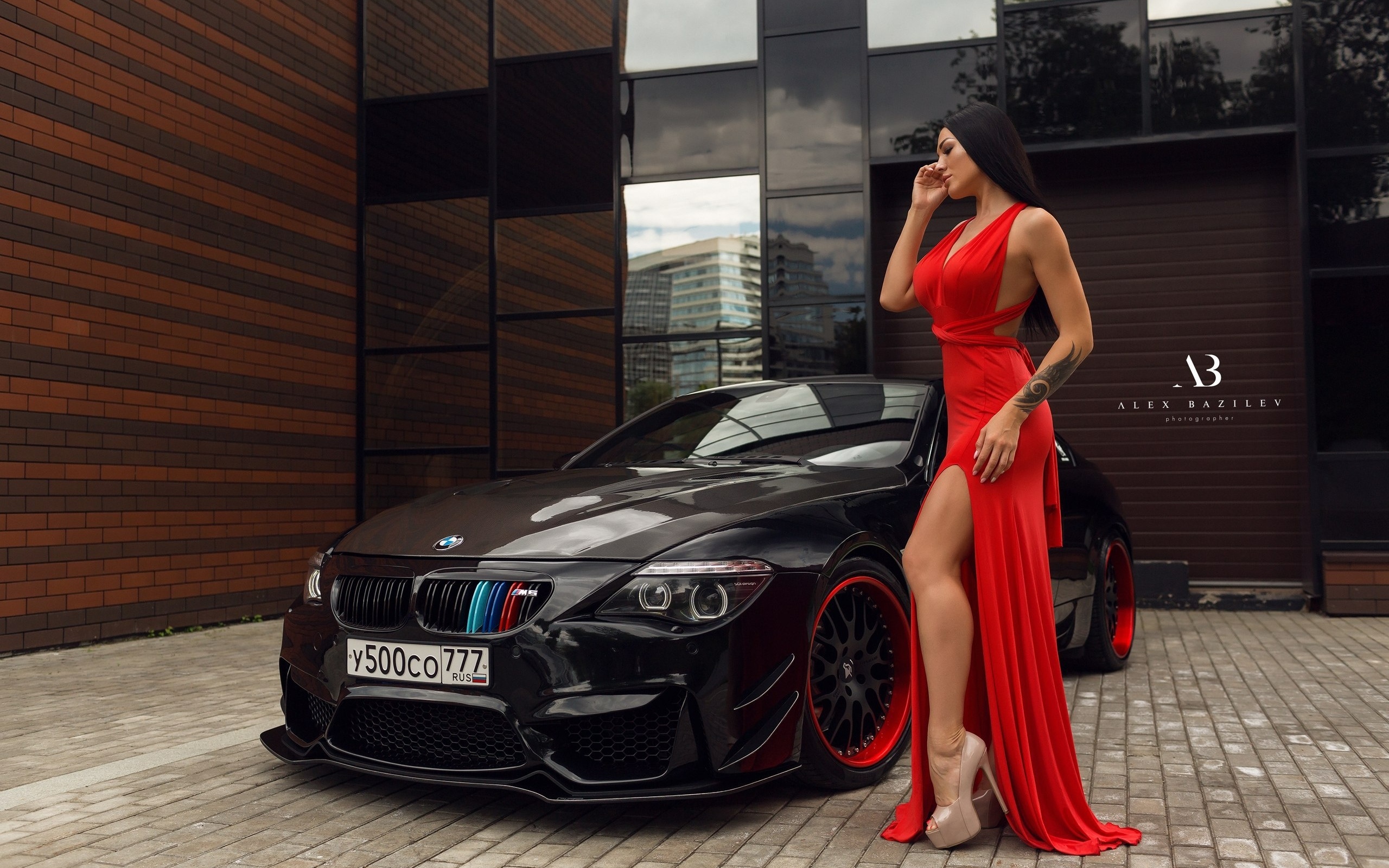 women, tanned, red dress, car, women outdoors, alex bazilev, tattoo, high heels, oxy konovalova