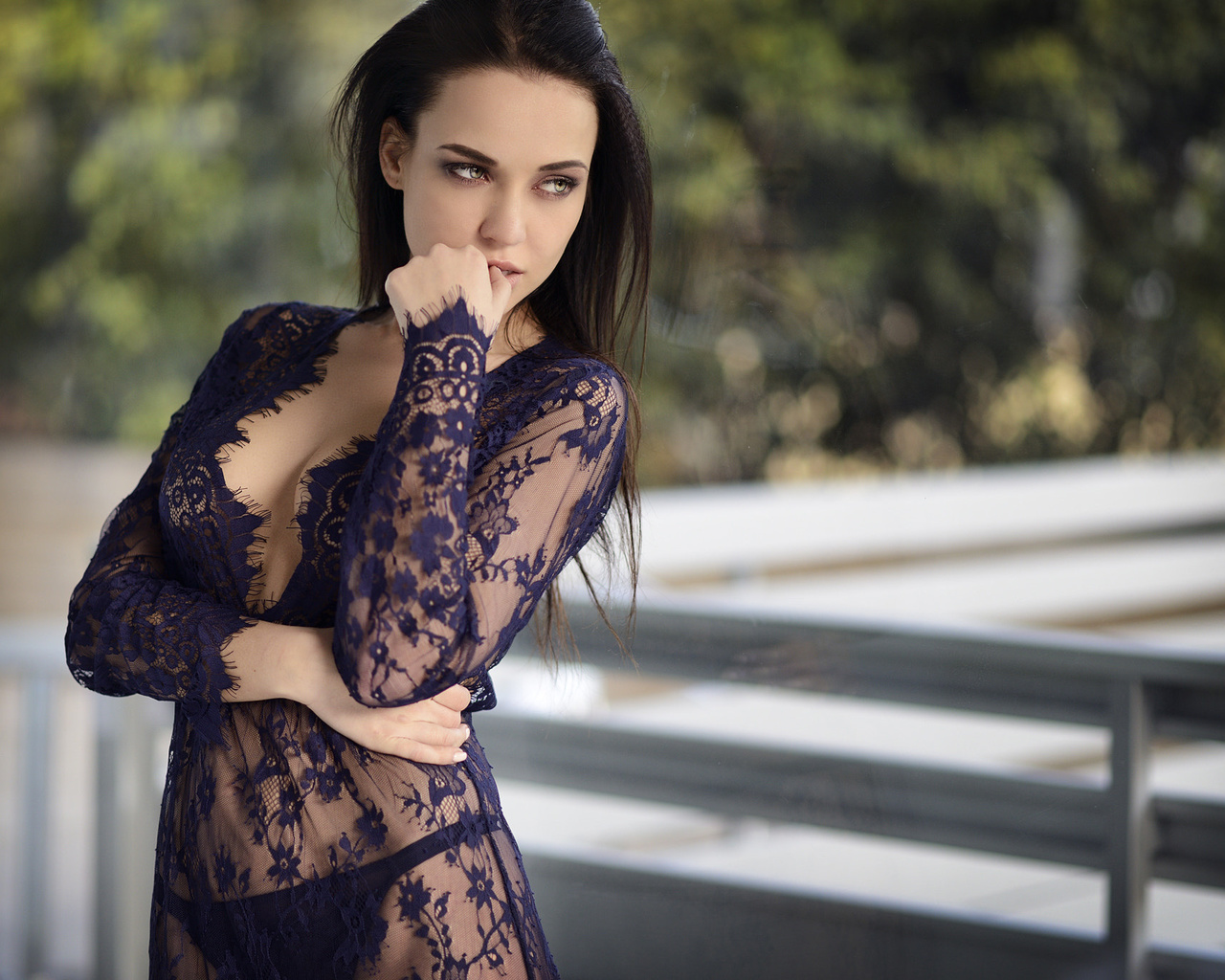 angelina petrova, women, depth of field, lingerie, see-through clothing, looking away, giovanni zacche, finger on lips, panties, , ,  , , 