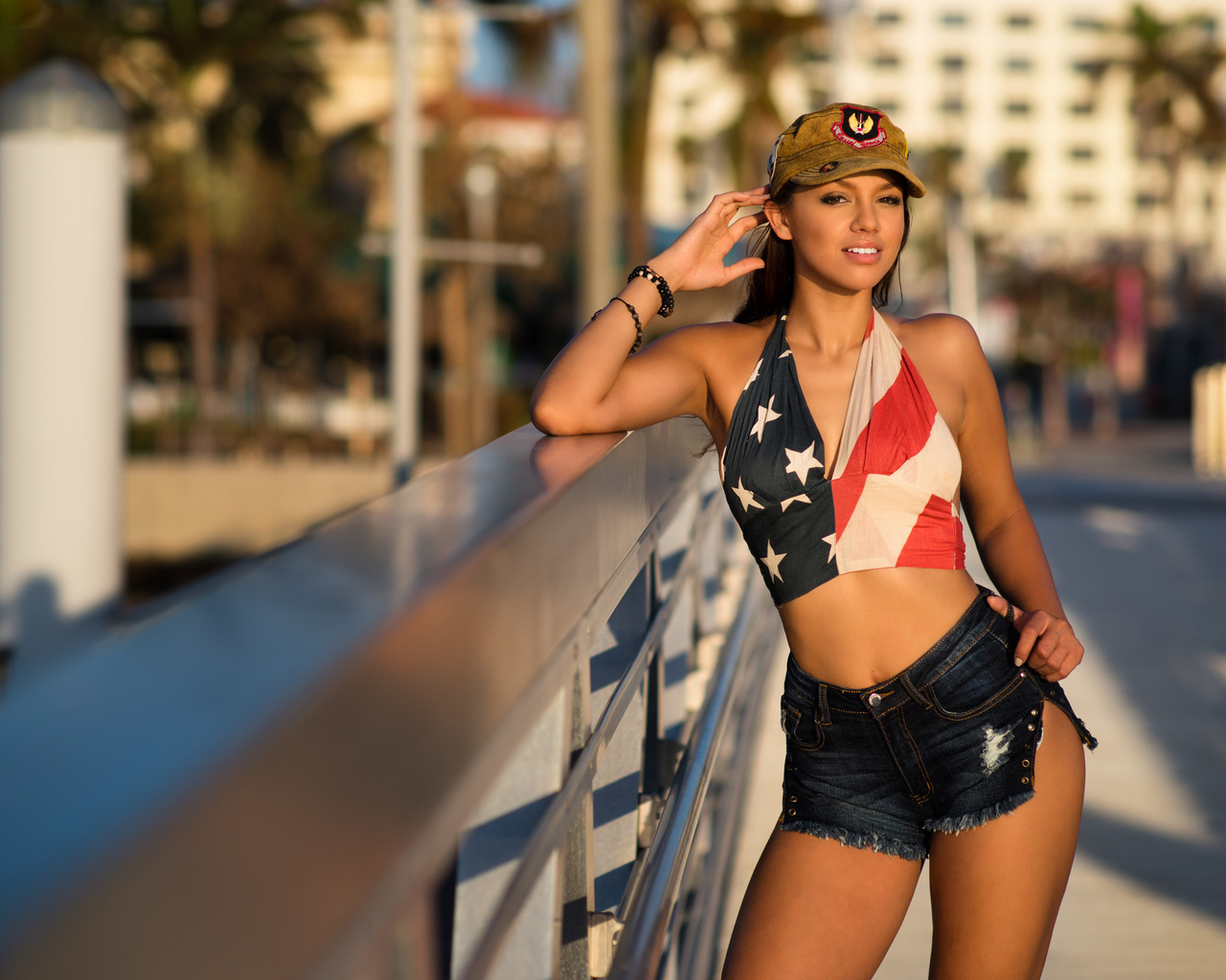 women, tanned, baseball caps, jean shorts, depth of field, women outdoors, smiling, portrait, , , , 