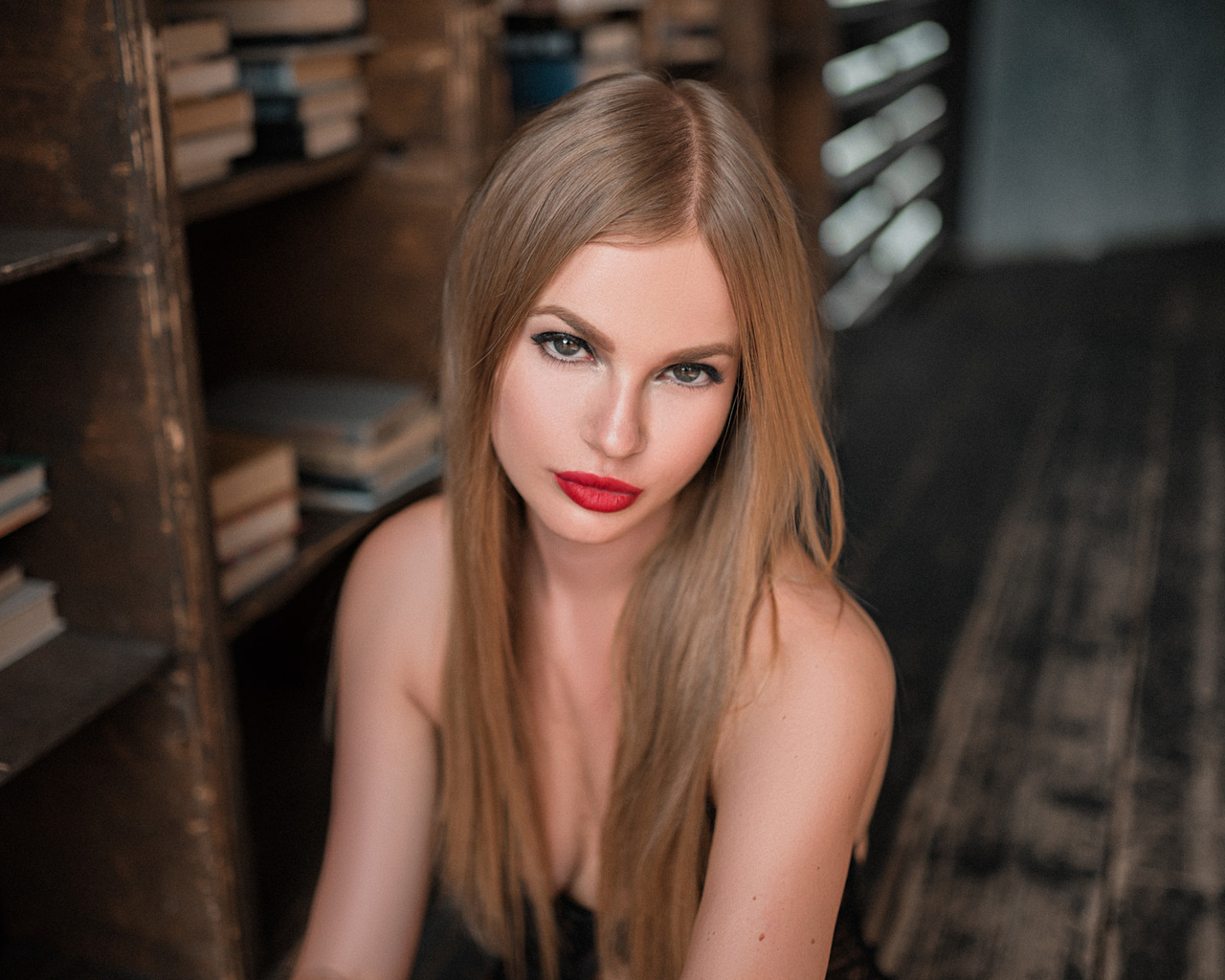 women, blonde, red lipstick, portrait, depth of field, , max pyzhik