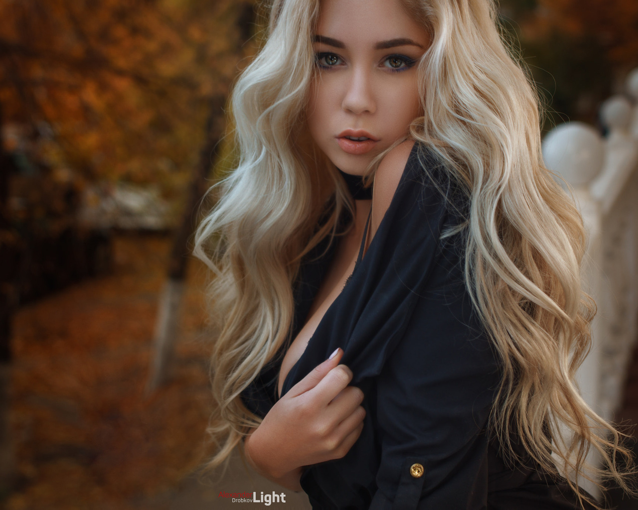 women, blonde, depth of field, portrait, long hair, alexander drobkov