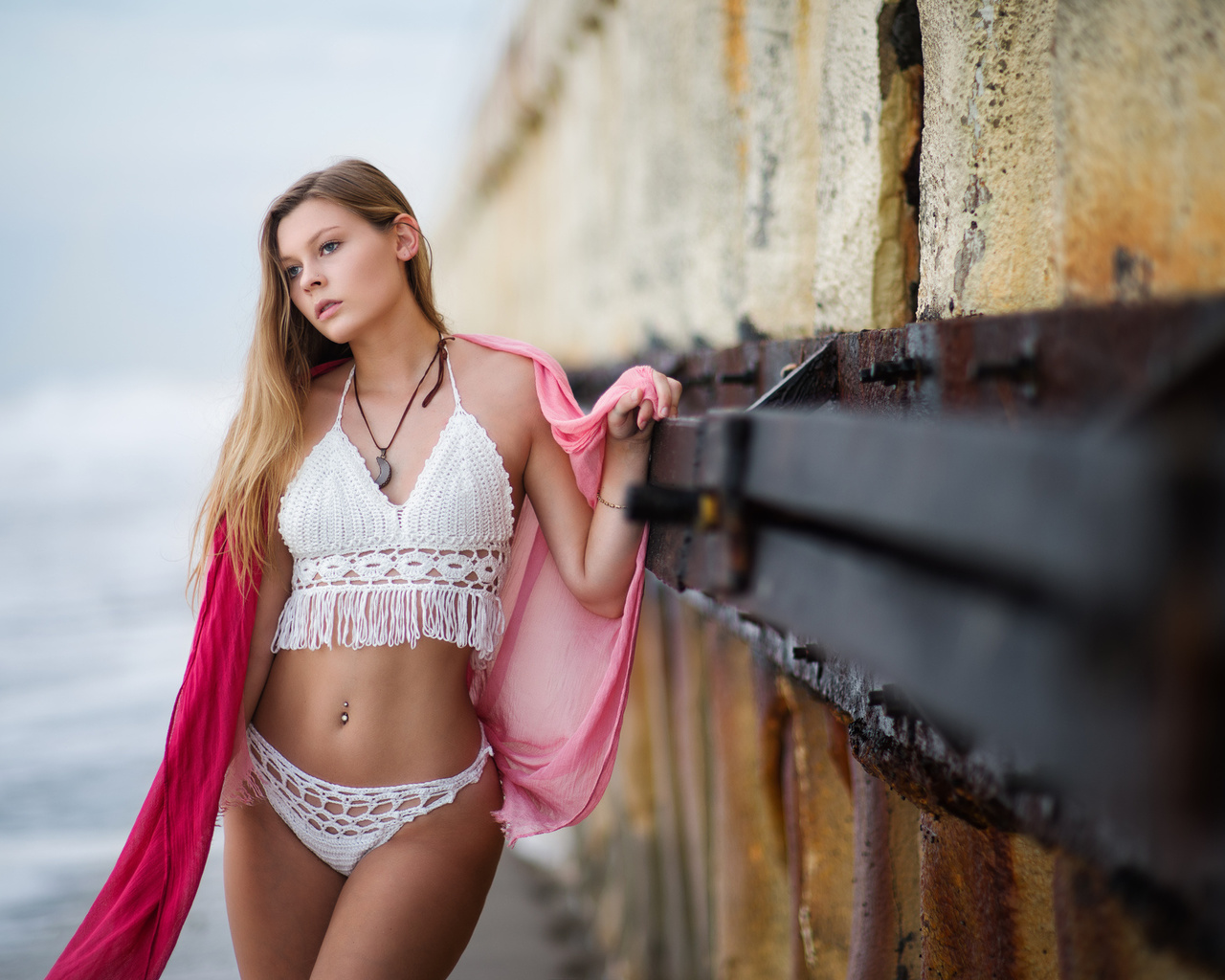 women, tanned, blonde, white bikini, belly, pierced navel, portrait, looking away, depth of field, women outdoors