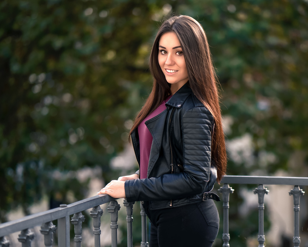 women, portrait, smiling, depth of field, leather jackets, women outdoors, balcony, jeans, , , cyril max