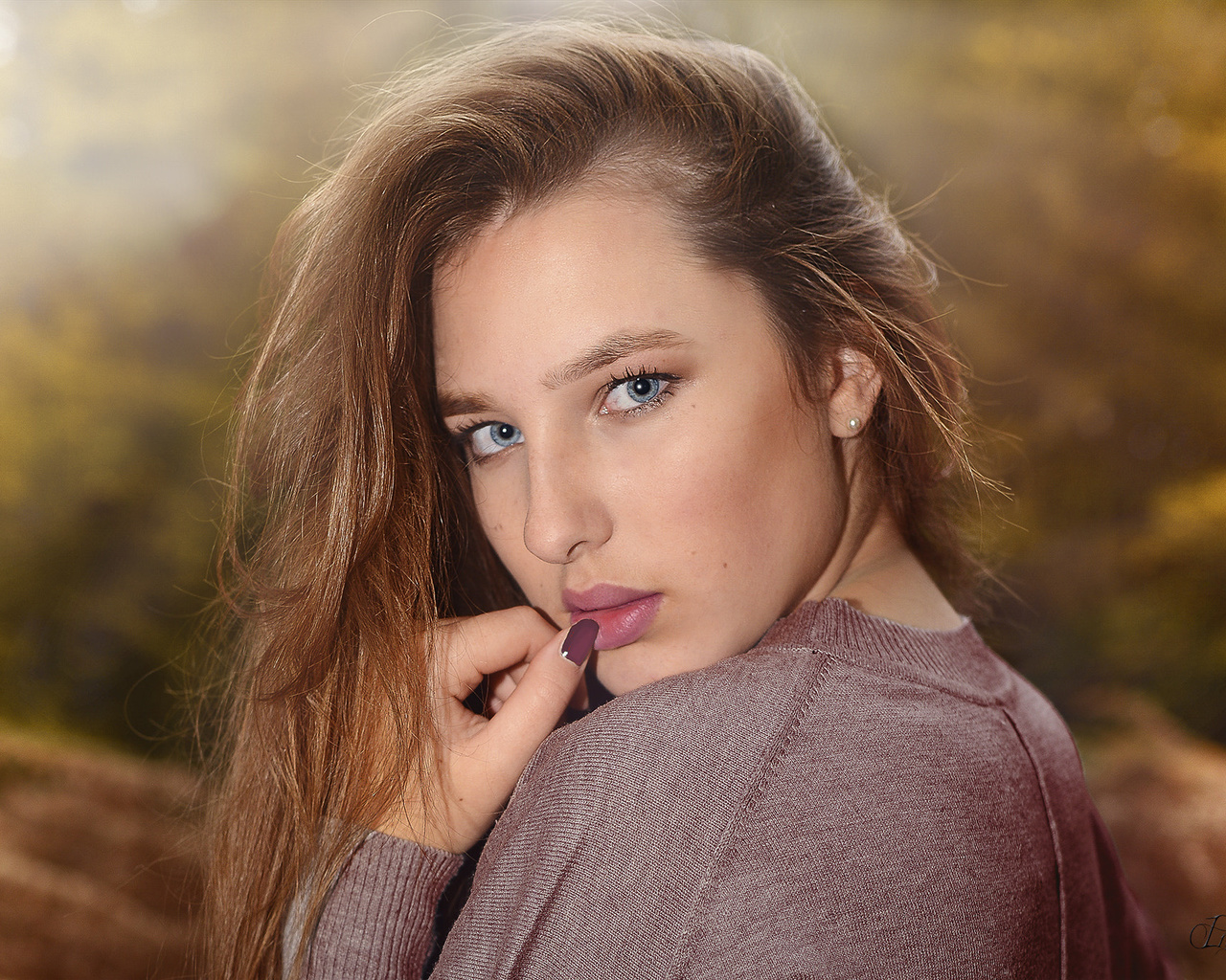 women, blonde, finger on lips, blue eyes, depth of field, portrait, painted nails, , , , , ,  , herve canville