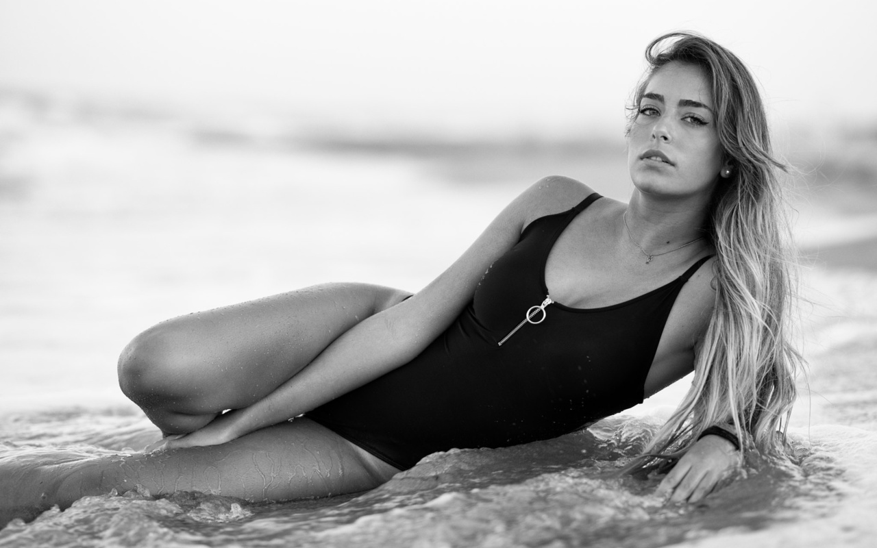 women, monochrome, sea, water drops, depth of field, one-piece swimsuit, necklace, , , , , , , , 