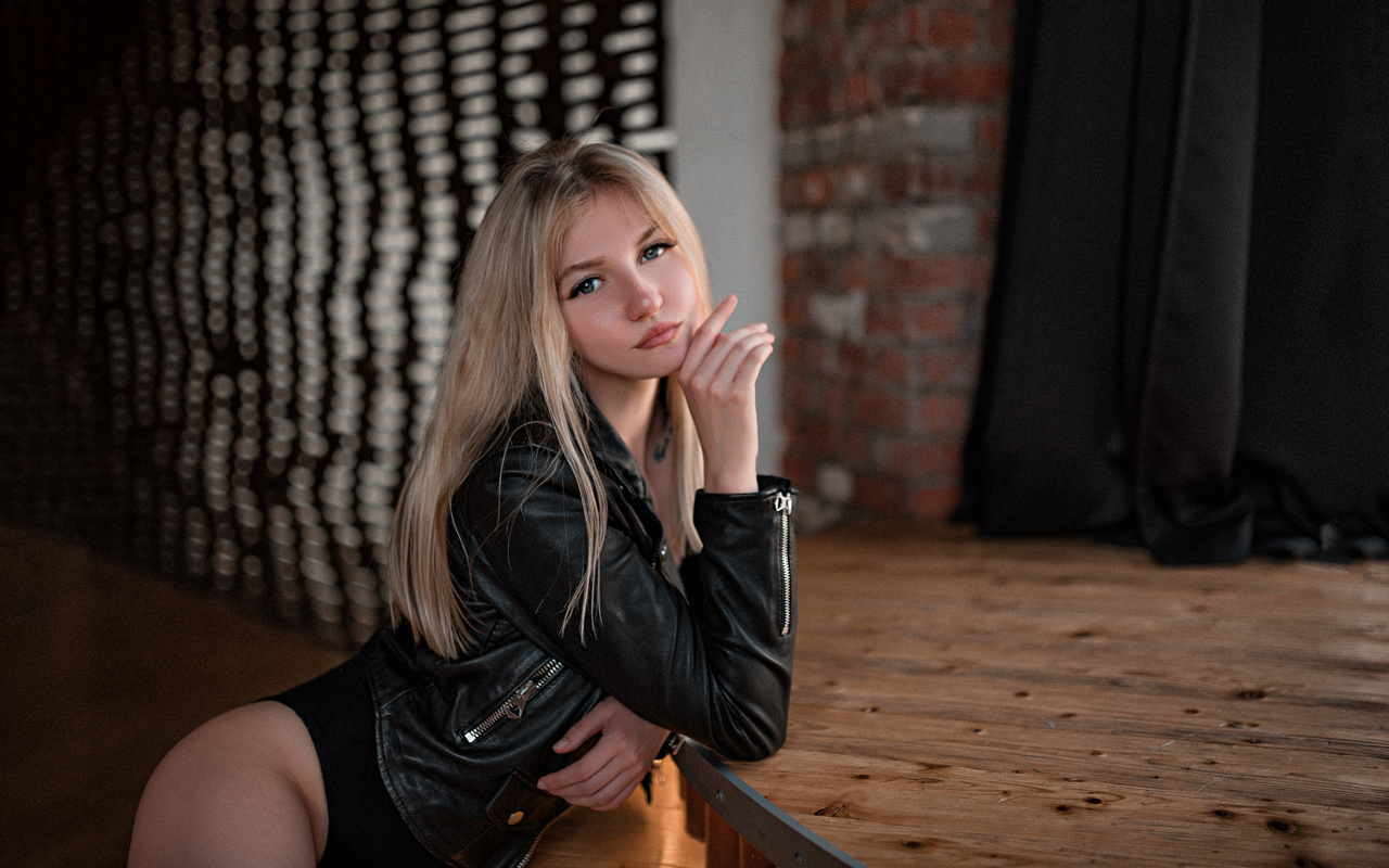 women, blonde, monokinis, portrait, leather jackets, tattoo, depth of field, , max pyzhik