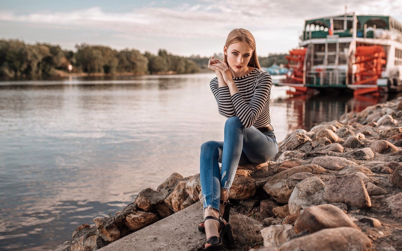 women, blonde, jeans, river, depth of field, portrait, sitting, women outdoors, ,  ,evgeny markalev