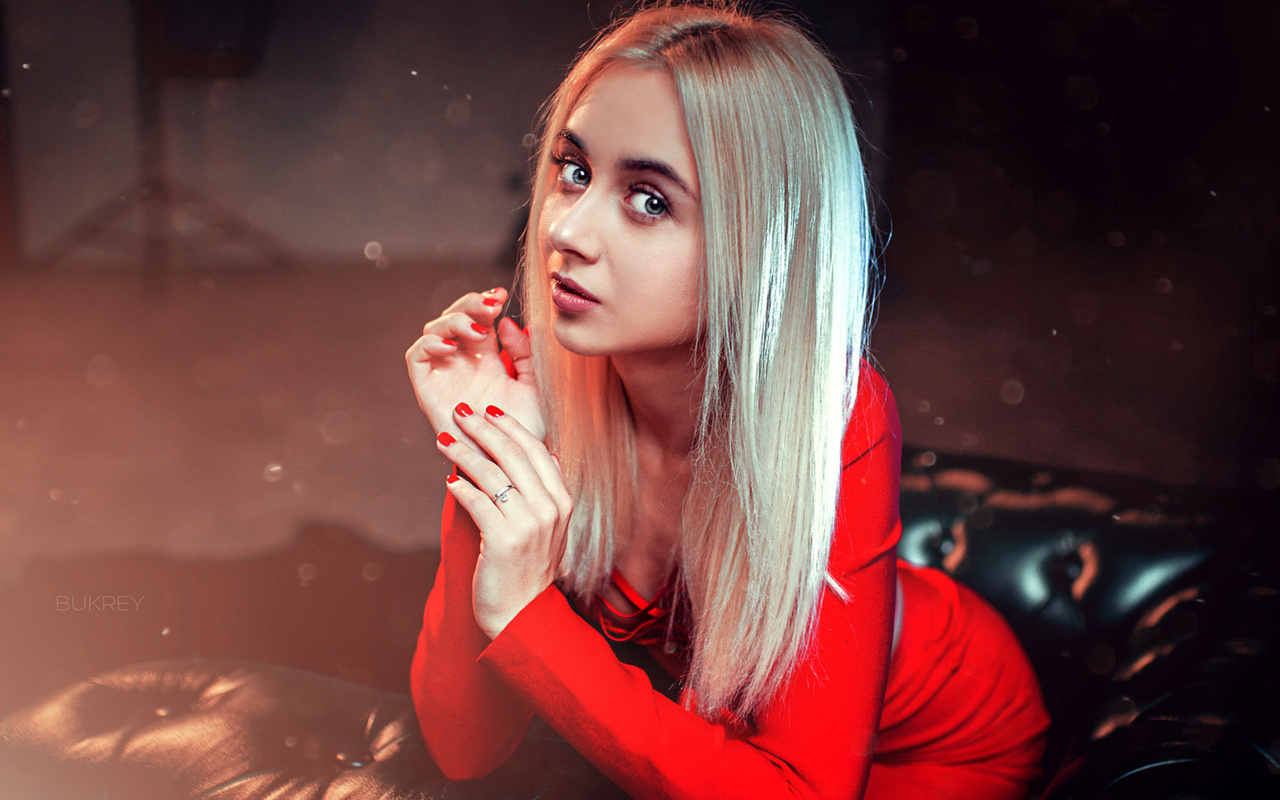 women, blonde, red nails, portrait, red dress