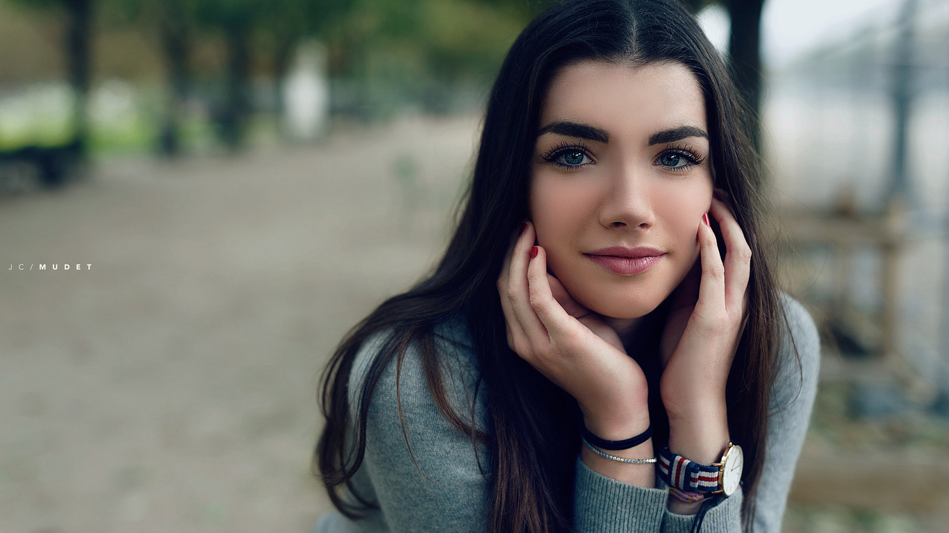 women, smiling, blue eyes, red nails, portrait, depth of field, women outdoors