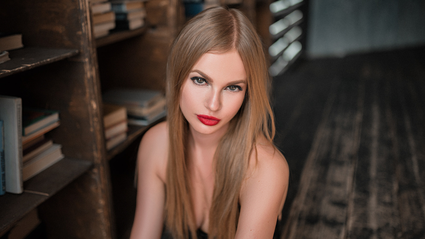 women, blonde, red lipstick, portrait, depth of field, , max pyzhik