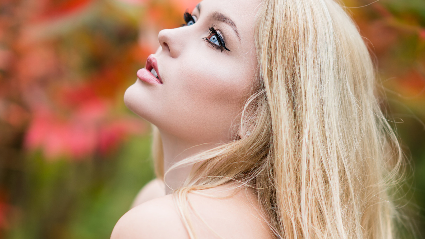 women, blonde, blue eyes, face, portrait, depth of field, eyeliner