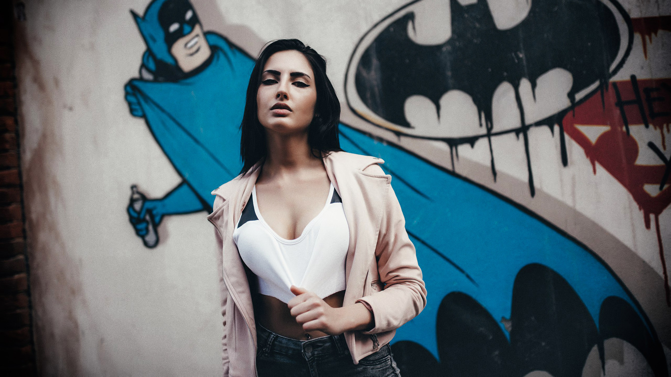 women, portrait, pierced navel, eyeliner, sweater, wall, graffiti, jeans