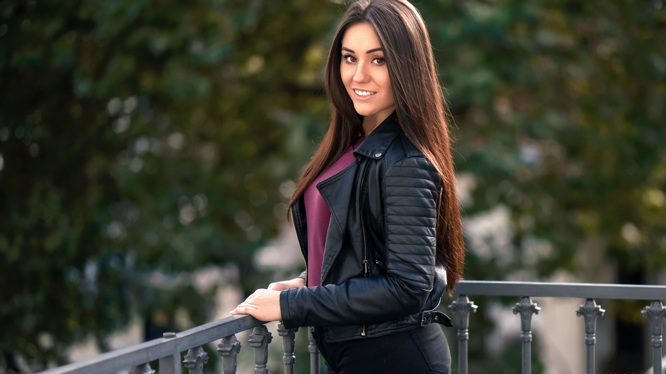 women, portrait, smiling, depth of field, leather jackets, women outdoors, balcony, jeans, , , cyril max